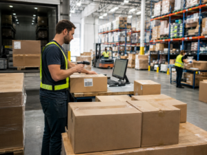 Warehouse worker scanning a carton at an FBA prep receiving station with pallets and inventory in the background