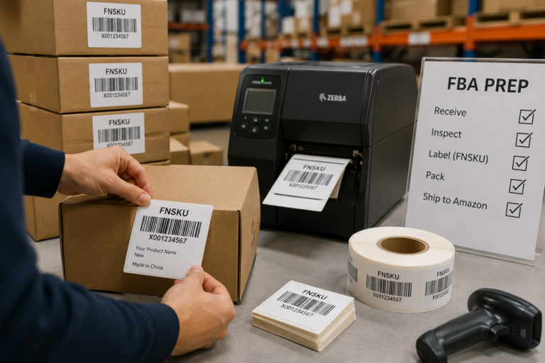 FNSKU labeling station with barcode labels in FBA prep warehouse