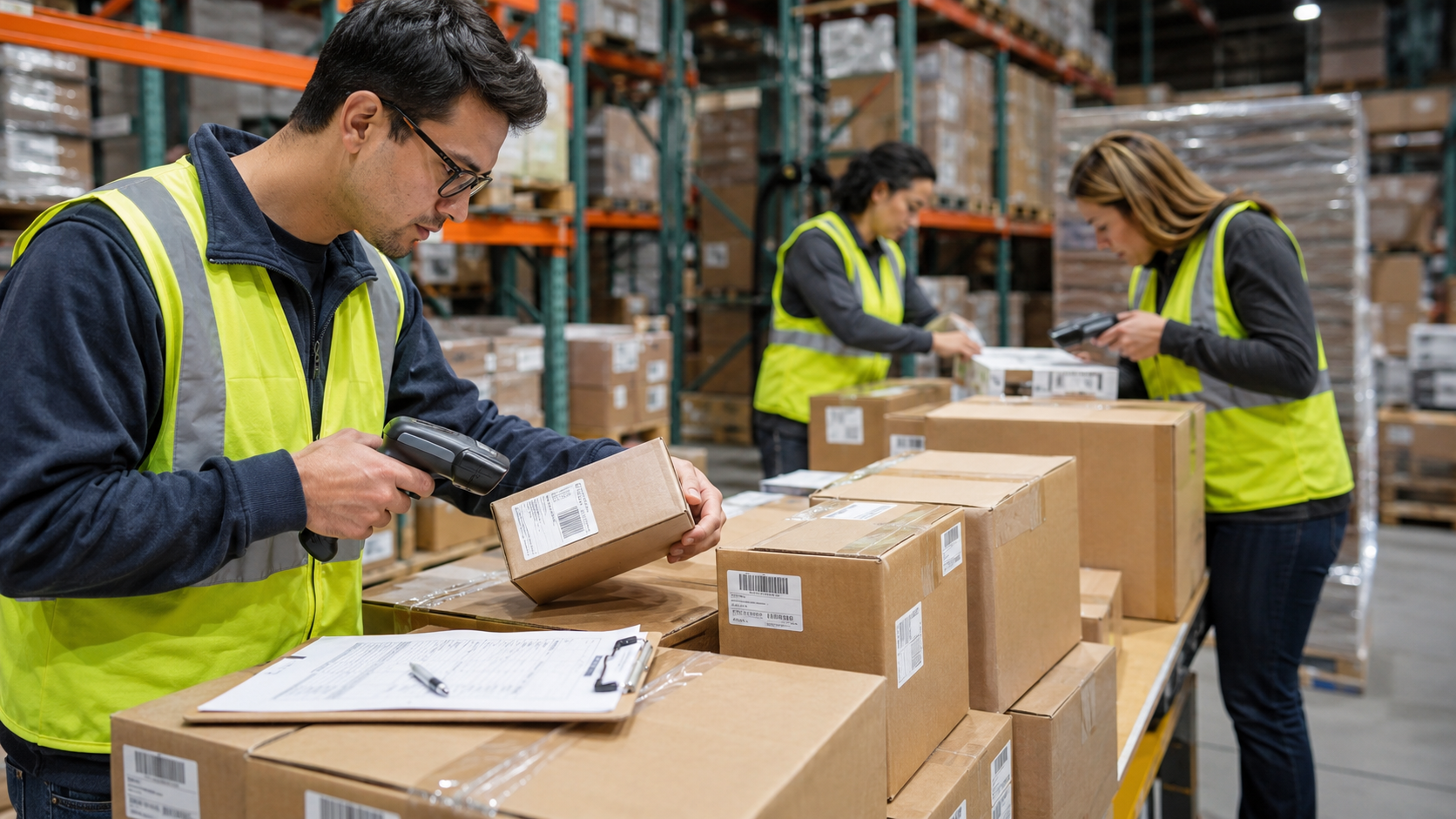 FBA prep inspection station with cartons labels and packing checklist
