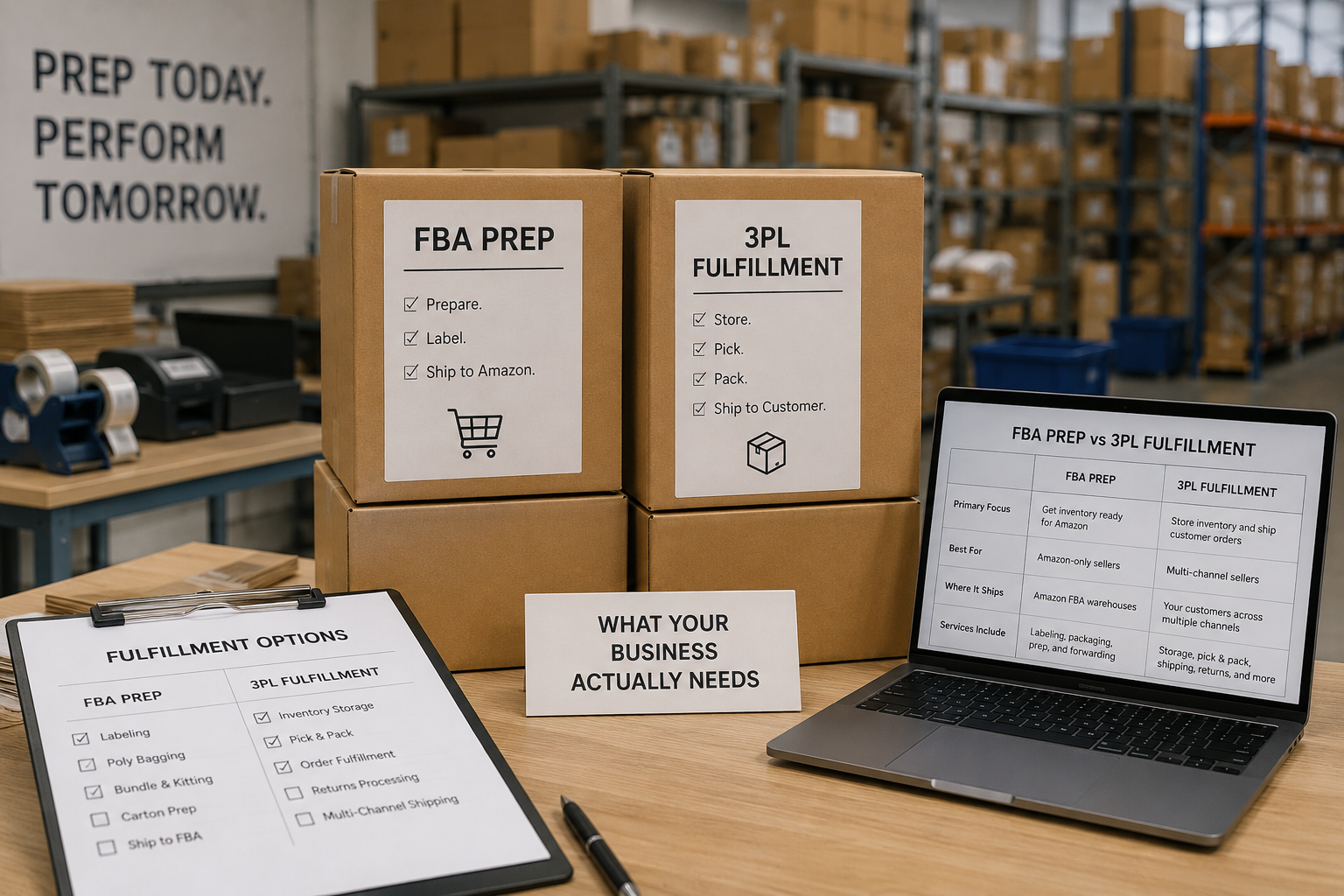 FBA prep inspection station with cartons labels and packing checklist