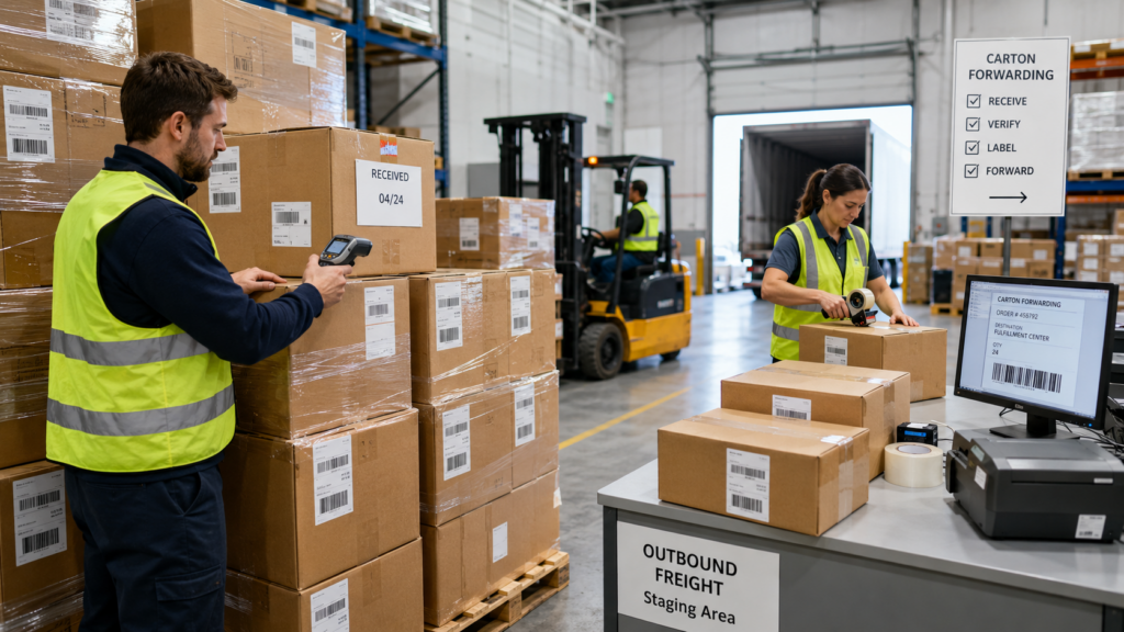 carton forwarding warehouse with labeled boxes for Amazon sellers