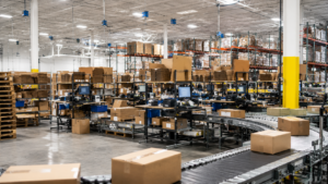 E-commerce fulfillment warehouse with conveyors, cartons, and pick-pack workstations.