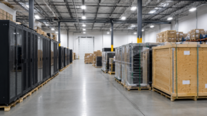 Secure warehouse with server racks and crated equipment for data center logistics services.