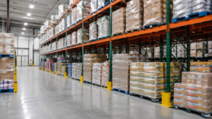 Clean food-grade warehouse with palletized consumer goods for food and beverage 3PL services.