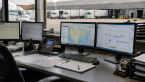 Logistics operations desk with shipment screens for freight brokerage and managed transportation.