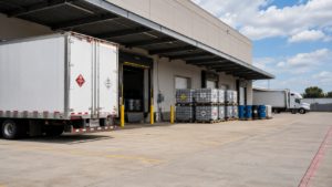 Regulated freight dock with hazmat containers and truck access for hazmat freight brokerage.