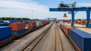 Intermodal rail yard with containers on railcars and cranes for rail freight logistics.