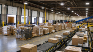 Cross-dock terminal with pallets, parcel conveyors, and delivery trucks for LTL freight shipping.