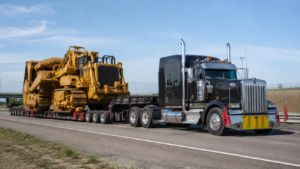 Lowboy trailer hauling heavy machinery for oversized load and heavy haul transport services.