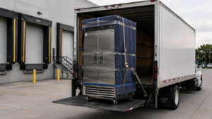 Final-mile delivery truck with wrapped bulky goods for white-glove delivery logistics.