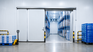 Cold storage warehouse in Houston with industrial freezer hallway and temperature-controlled storage