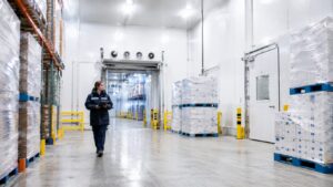 Cold storage warehouse with insulated doors, pallet racking, and refrigerated space.