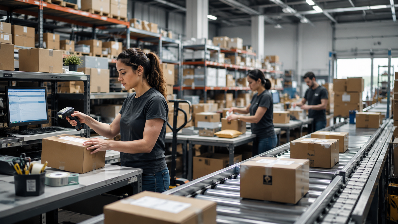 e-commerce fulfillment warehouse with packing stations and shipping cartons