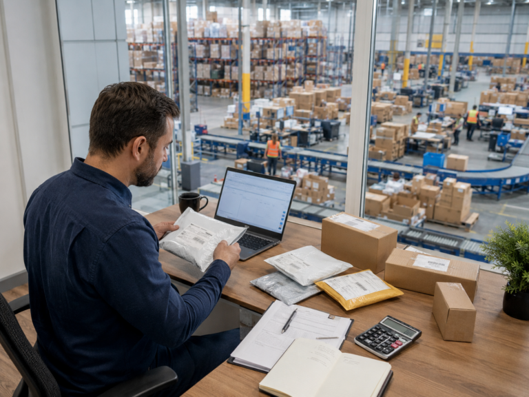 e-commerce fulfillment cost comparison with packages, calculator, and warehouse operations