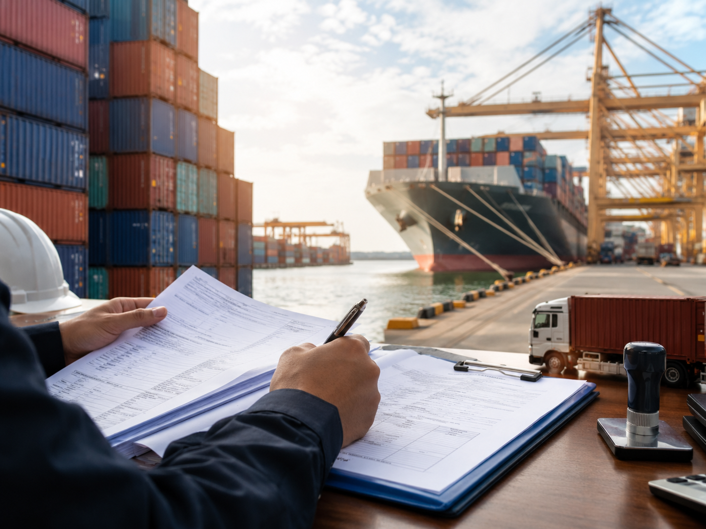 customs broker paperwork with freight containers at port