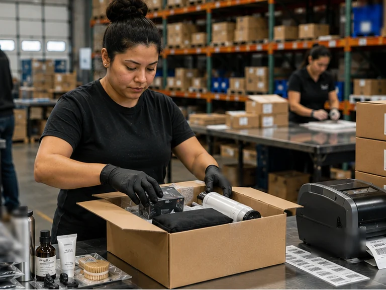 Warehouse worker assembling Amazon FBA kits at a packing station.