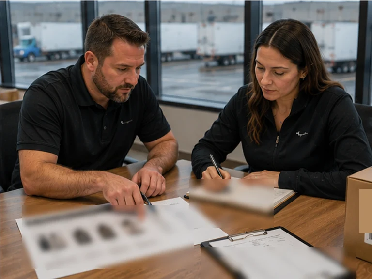 Logistics team reviewing Amazon kitting work order details in an office.