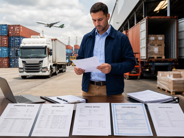 Logistics professional reviewing customs documents at a shipping dock with containers, truck, and air freight in the background