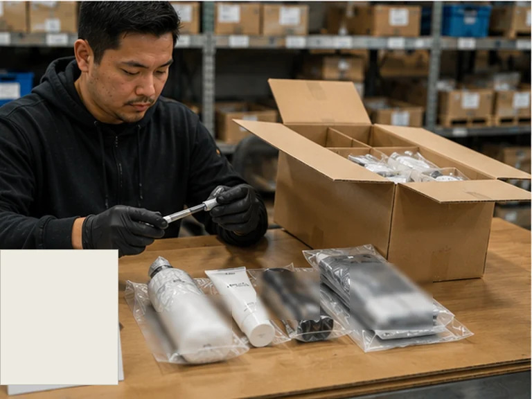 Prep worker inspecting components for an FBA bundle before packaging.