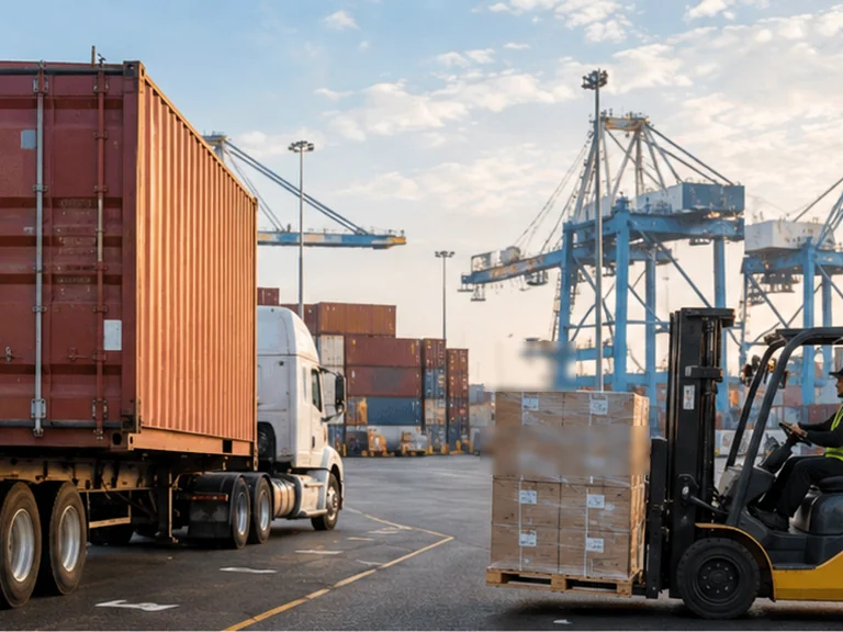 Container truck and palletized freight near a Southern California port terminal.