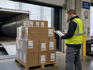 Warehouse worker checking labeled cartons on a pallet near a receiving dock