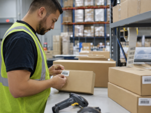 Warehouse worker applying an FNSKU-style barcode label to a carton at an FBA prep station