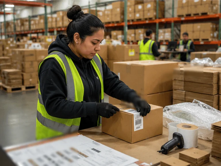 Warehouse worker applying a carton label during imported FBA prep.