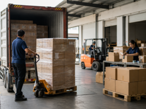 Warehouse worker applying barcode labels to cartons at an FBA prep station with poly bagged products nearby