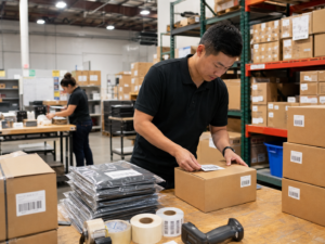 Warehouse worker applying barcode labels to cartons at an FBA prep station with poly bagged products nearby