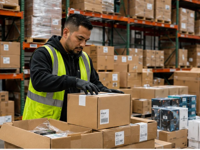 Warehouse worker preparing wholesale case-packed cartons for Amazon FBA.